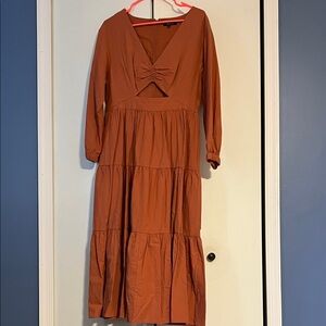 Women's Rust Long Sleeve Tiered Midi Dress